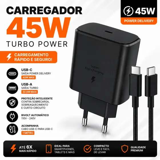 Carregador 45w Tipo C Turbo Para Android Carga Rápida Bivolt