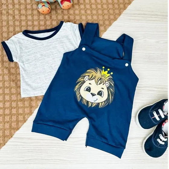 Conjunto Jardineira de Bebê Menino + Camiseta Com Tema de Leão RN Récem Nascido