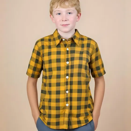 Camisa Infantil Juvenil Xadrez Manga Curta De Botão Com Gola