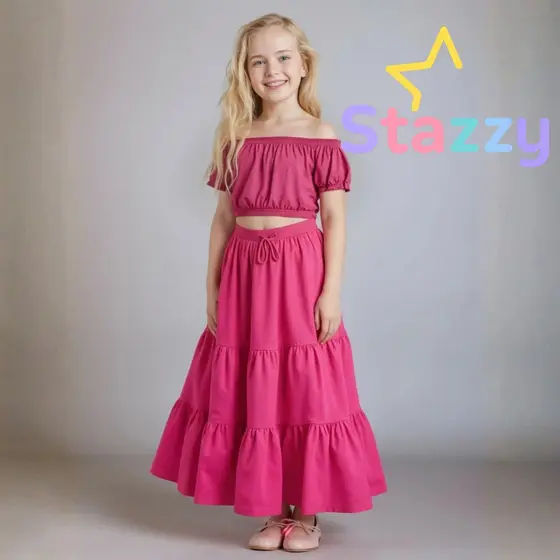 Conjunto Infantil Saia Longa e Cropped Ciganinha Liso Primavera Verão
