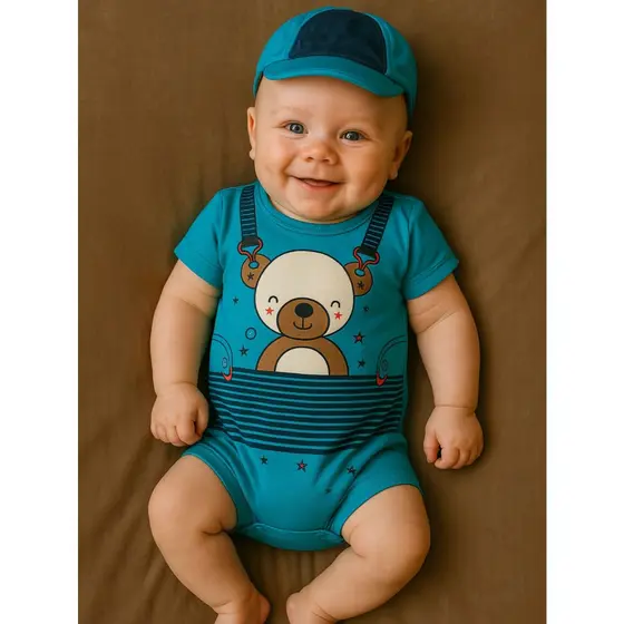 Conjunto Macacão + Boné Ursinho Curto Bebe Menino Tam RN a 06 Meses