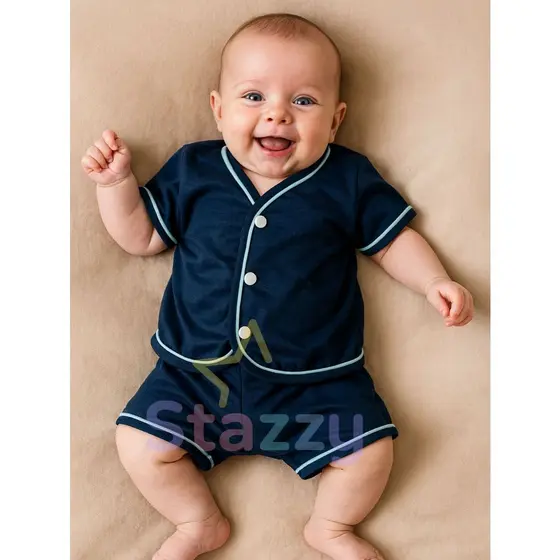 Pijama para Bebê Manga curta Baby Doll Americano Botão Conjunto Bebê Unissex Primavera Verão De