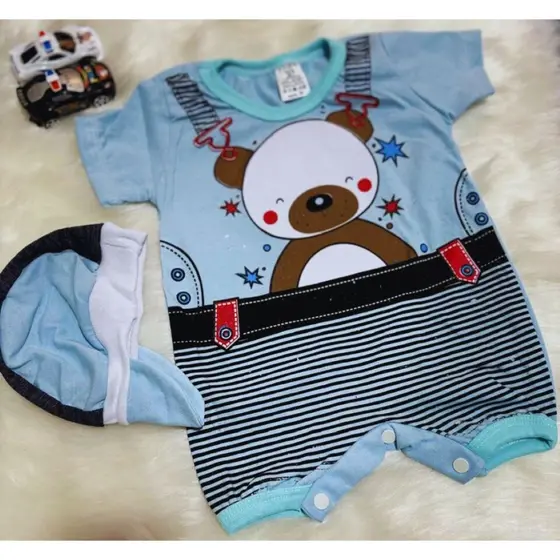 Conjunto Macacão Com Boné Ursinho Curto Bebe Menino RN Recém Nascido Chá de Bebe