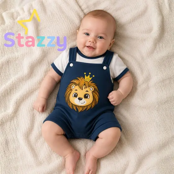 Conjunto Jardineira de Bebê Menino + Camiseta Com Tema de Leão RN
