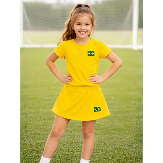 Conjunto infantil do Brasil Copa do Mundo Blusa + Short Saia e Juvenil Feminino Liso e Canelado