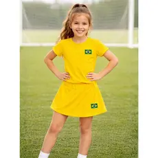 Conjunto infantil do Brasil Copa do Mundo Blusa + Short Saia e Juvenil Feminino Liso e Canelado