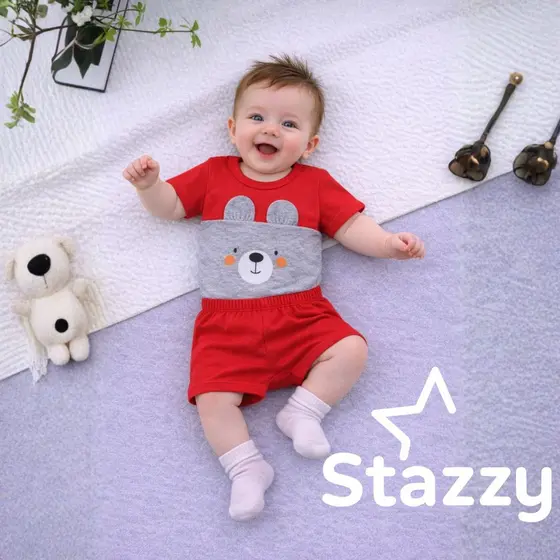 Conjunto Menino linha baby com body de urso e shorts Recém Nascido até 6 meses
