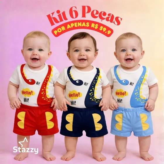 Kit 6 peças Dino interativo body + shorts para bebê Meninos Recém Nascido RN até 6 meses PREMIUM