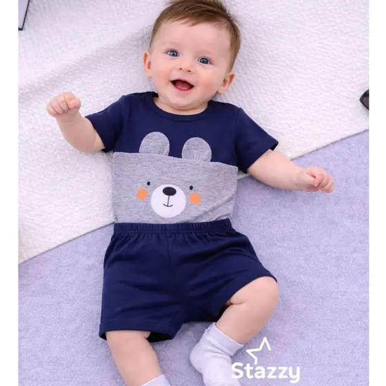 Conjunto bebê Menino linha baby com body de urso e shorts Recém Nascido até 6 meses