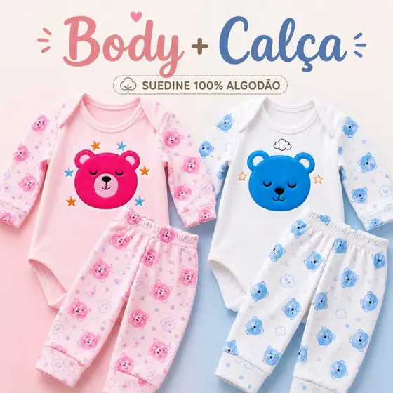 Conjunto para Bebê Body Com Manga Longa e Calça Malha Algodão Suedine Fresquinha para Verão Estampas de Menino e Menina