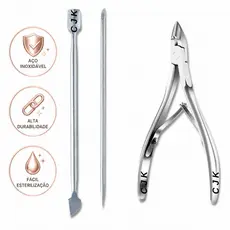 Kit Manicure Profissional Alicate Unha Espátula Palito Aço Inox 3 Peças Esterilizável