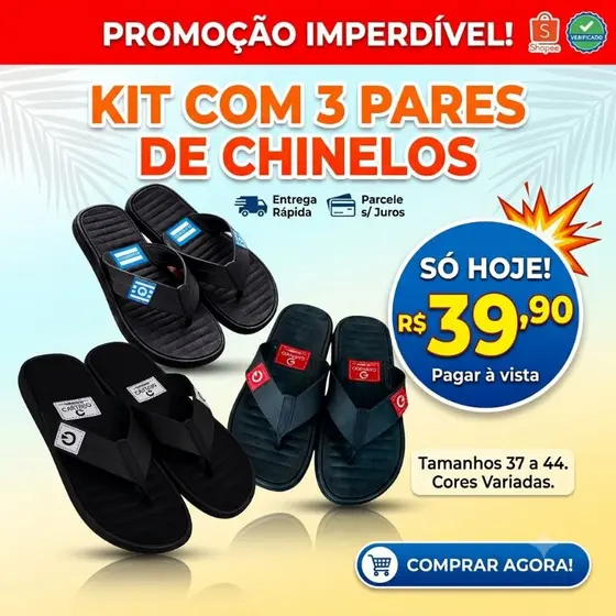 kit com 3 pares de chinelo masculino barato na promoção resistente e antiderrapante