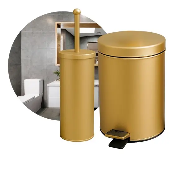 Kit Lixeira 3L Dourada Inox e Escova Sanitária com Suporte Crie Construa