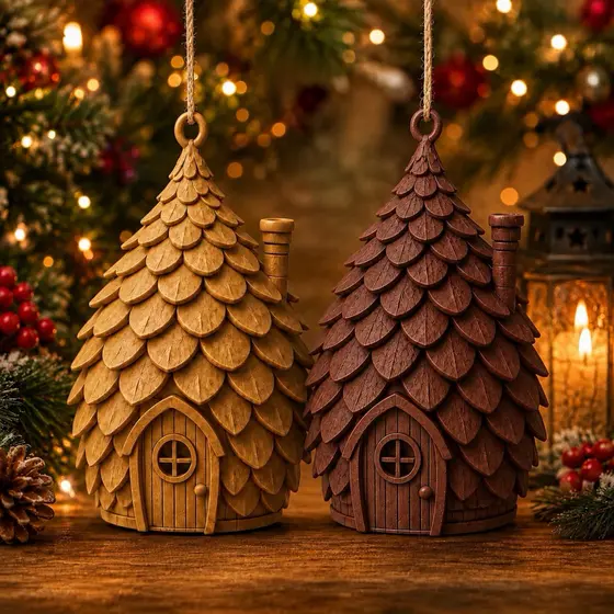 Decoração de Natal Kit 4 Pinhas Chalé 3D Casa Encantada para Arvore de Natal