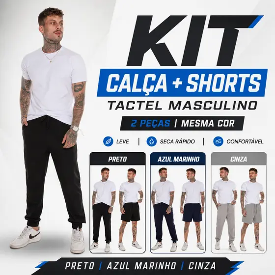 Kit 1 Calça E 1 Shorts Em Tactel Premium Masculino Com Bolso