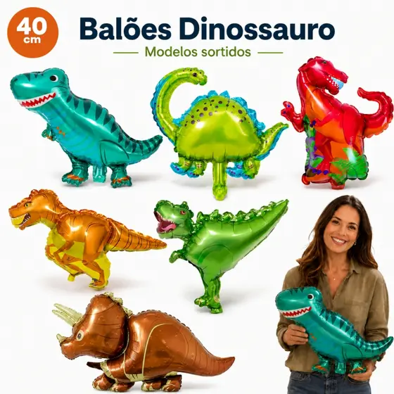 Kit 10/20/50  Balões Dinossauro Pequeno Metalizado Centro de Mesa Rex Festa Decoração Aniversário Infantil