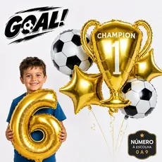 Kit 5 Balões Futebol + Número Dourado Troféu Estrela e Bola Metalizados Festa Decoração Aniversário
