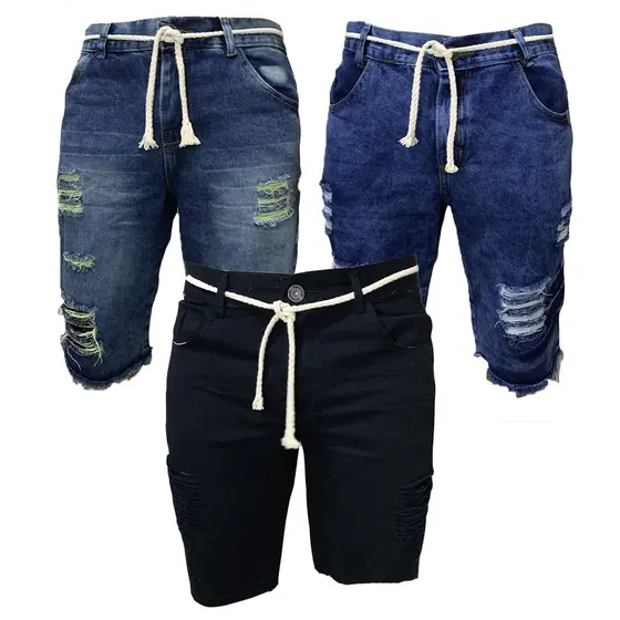 Kit 3 Bermudas Jeans Rasgada Com Cordão - Azul Médio, Azul Escuro e Preto