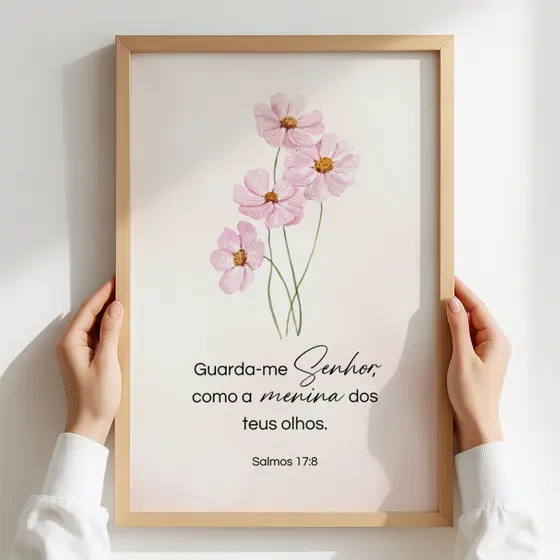 Quadro Decorativo Com Moldura Cristão Versículo Menina dos Olhos Salmos 17:8 Flores