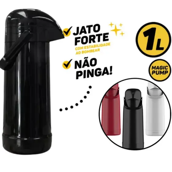 Garrafa térmica Magic Pump 1Litro em plástico com Bomba de Pressão Termolar