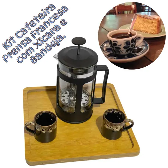 Kit Cafeteira Prensa Francesa 300ml ou 600ml com 2 Xícaras Porcelana + Bandeja Madeira 25x25