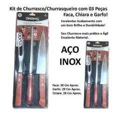 Kit Churrasco Original 3 peças Wood Line Faca Chaira e Garfo