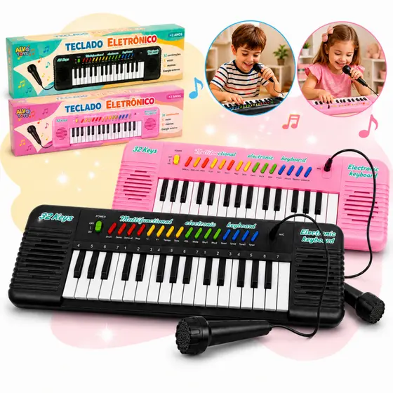 Teclado Piano Infantil com Microfone Brinquedo Musical 32 teclas meninos e meninas Preto e Rosa