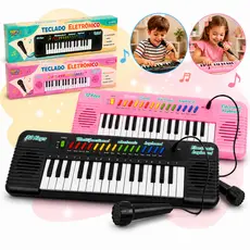Teclado Piano Infantil com Microfone Brinquedo Musical 32 teclas meninos e meninas Preto e Rosa