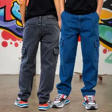 Calça Cargo Infantil Masculina Jeans Balão Streetwear