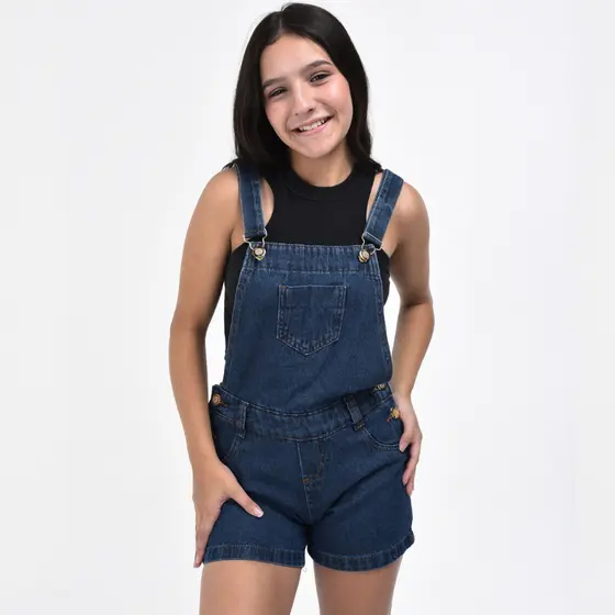 Jardineira Short Jeans Infantil Juvenil 8 ao 16 Anos Menina Macaquinho Macacão Curto com Alça