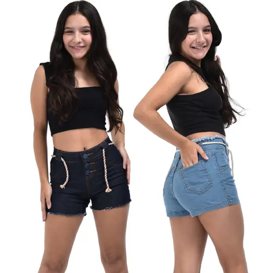 Short jeans de menina infantil juvenil com cinto cordinha 10 ao 16