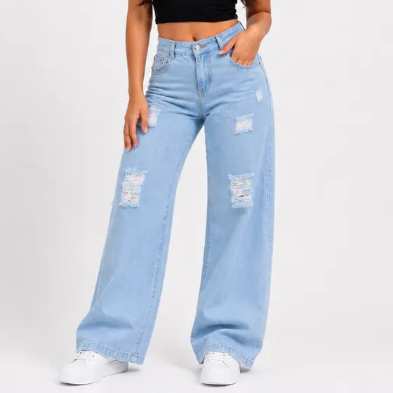 Calça Jeans Wide Leg Pantalona infantil Juvenil jeans premium com destroyd 10 ao 16