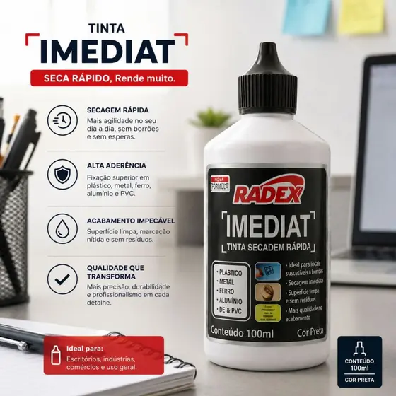 Tinta Para Carimbo Secagem Rápida Para Plástico 100ml Radex