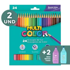 Kit 2 Lápis de Cor Multicolor 24 Cores + 2 Mini Marca Texto Volta as Aulas