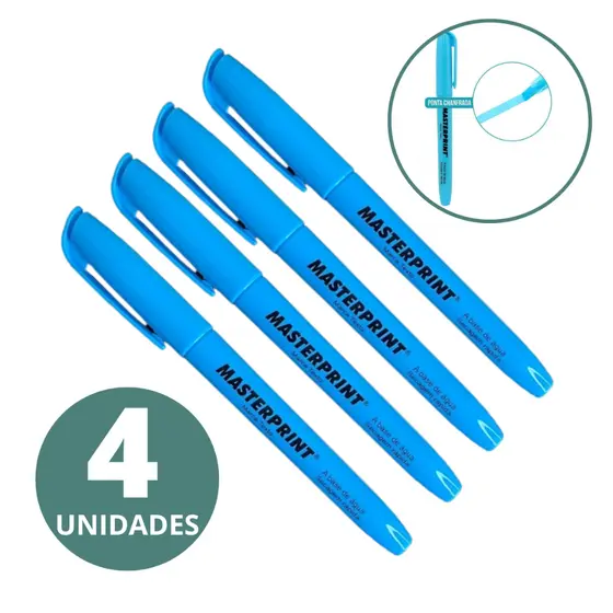 Kit Com 4 Canetas Marca Texto Azul Neon Masterprint Secagem Rápida Sem Manchas