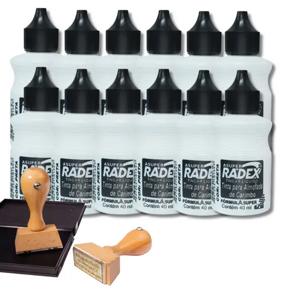 Kit 12 Tintas Para Carimbo Cor Preta 40ml Refil Secagem Rápida Radex