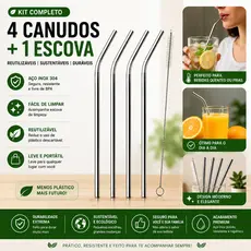 kit 4 Canudos  Combo  Inox Curvos com Escova Ecológico Reutilizáveis Laváveis