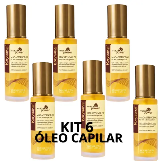 Kit com 6 Óleos Koryanna Maca Essence Original 50ml – Nutrição, Brilho e Reparação Capilar Profunda