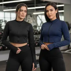 Kit 2 Casaquinho Cropped Top Blusa Feminina Manga Longa com Zíper Blusinha Dryfit Academia Proteção Solar