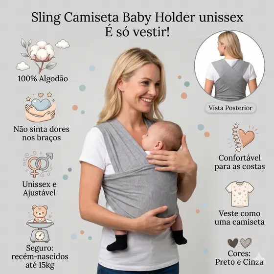 Sling Bebê Camiseta Regulável amarração pronta. Canguru Tamanho único unissex
