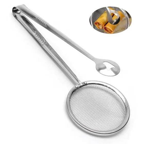 Escumadeira Para Fritura C/pegador Em Inox C/Pinça E Peneira