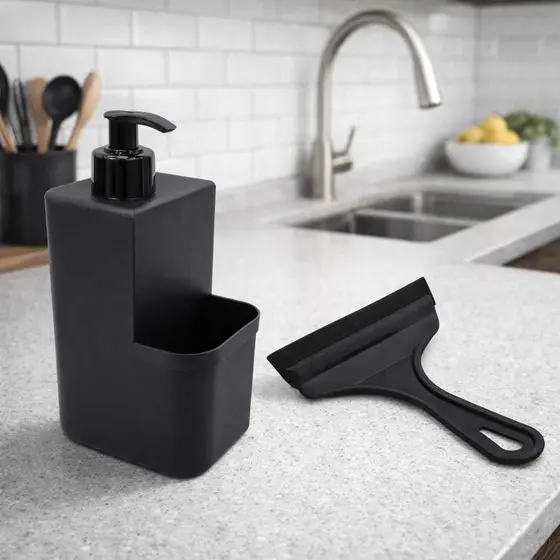 Kit Cozinha 2 Pecas Porta Detergente Liquido Com Dispenser + Rodinho De Pia Pratico Resistente Moderno