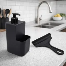 Kit Cozinha 2 Pecas Porta Detergente Liquido Com Dispenser  + Rodinho De Pia Pratico Resistente Moderno