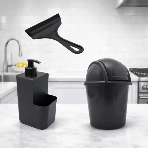 Kit Cozinha 3 Pecas Lixeira 2,4 Litros Com Tampa Pratica  + Rodinho Pia + Porta Detergente Dispenser Porta Esponja Pia