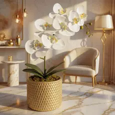Arranjo Orquídea Toque Aparência Real Siliconada Vaso Rattan Dourado