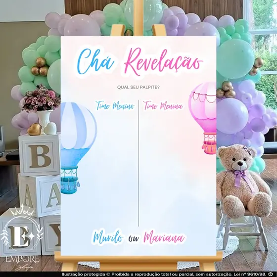 Quadro Placa Recepção Chá Revelação Deixe Seu Palpite Menino ou Menina Balão