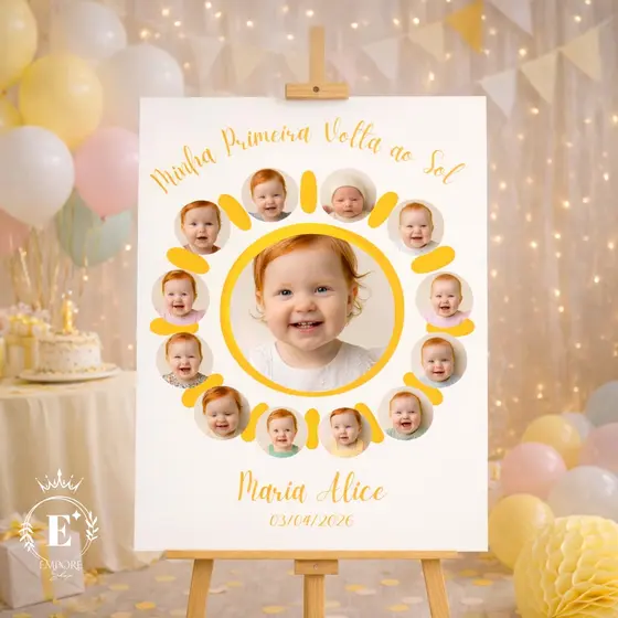 Quadro Placa Decorativa Recepção Aniversário 1 Ano Minha Primeira Volta ao Sol Personalizado Com Fotos
