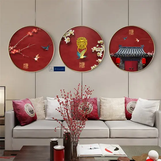 Quadro Decorativo chinês Red Building Placa decorativa Chinês Abstrato vermelho