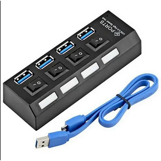 HUB USB 3.0 Super Speed. Possui 4 portas USB 3.0. Plug and Play. Possui opção de fonte externa adicional. Velocidade 5Gbps (high speed). Compatível com USB 3.0, USB 2.0 e USB 1.1. Tamanho Slim. Compatível com todos os Windows e todos os Mac OS.