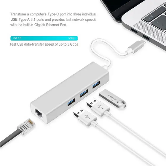 Cabo Adaptador Mackbook Pro Usb C 3.1 Para Hub 3x Usbs E Rede